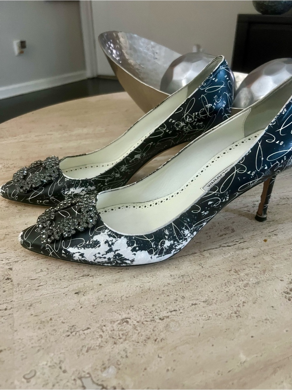Manolo Blahnik Black & White Script Crystal-Embellished Pointed Pumps
